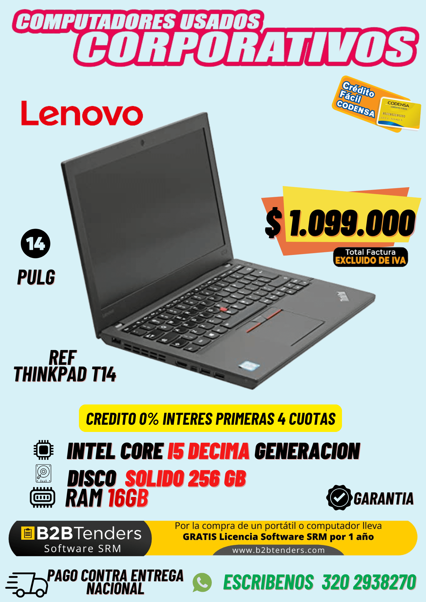 Lenovo ThinkPad T14 i5 10ma Gen | 16GB RAM | 256GB SSD | Excluido de IVA
